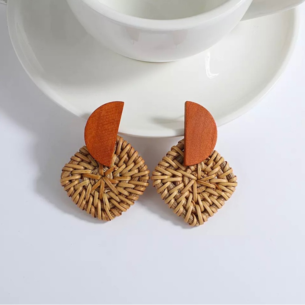 Rattan Weaved and Wooden Boho Earrings